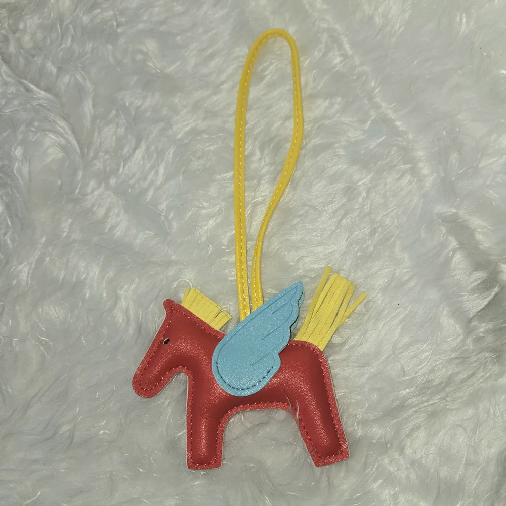 Red Pegasus Leather Bag Charm with Blue Wing and Yellow Strap